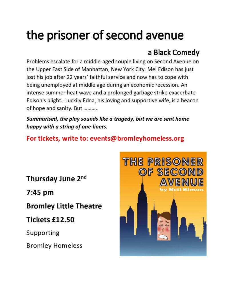 Flyer promoting the Prisoner of Second Avenue at Bromley Little Theatre